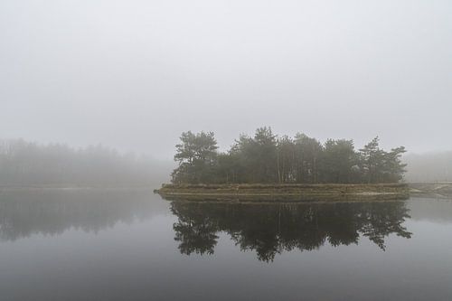 Weerspiegeling in een mistig landschap
