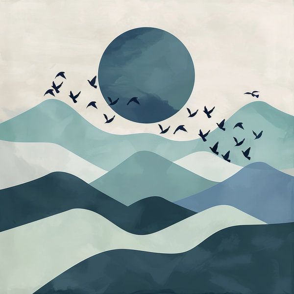 Blue sunrise with birds - Minimalist landscape art by Poster Art Shop