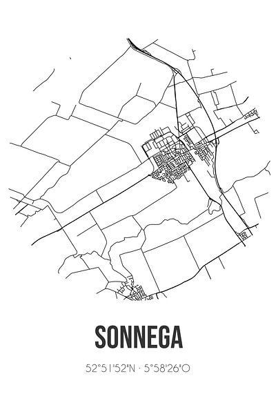 Sonnega (Fryslan) | Karte | Schwarz und weiß von Ortsdrucke
