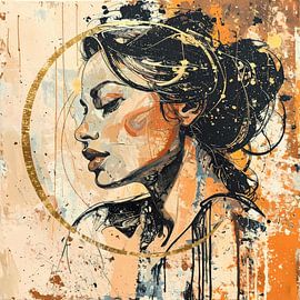 Portret vrouw in oranje zwart goud en beige