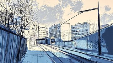 Moderne tram in een rustige stedelijke omgeving van Frank Heinz