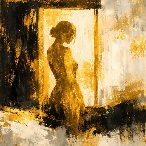 Golden Silhouette – Vrouw bij het raam in abstract goud