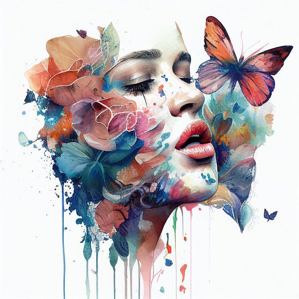Aquarell Floral Frau Gesicht #1 von Chromatic Fusion Studio