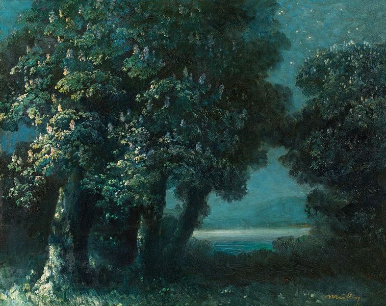 Oskar Mulley, Nachtstimmung mit blühenden Kastanienbäumen am See, um 1945 von Atelier Liesjes