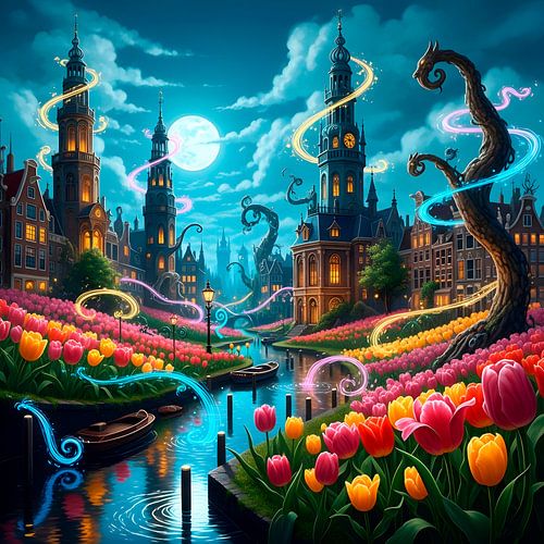 Magische blauwe maan boven betoverde tuinstad