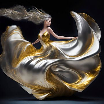 Dansen in een gouden en zilveren jurk. van Brian Morgan