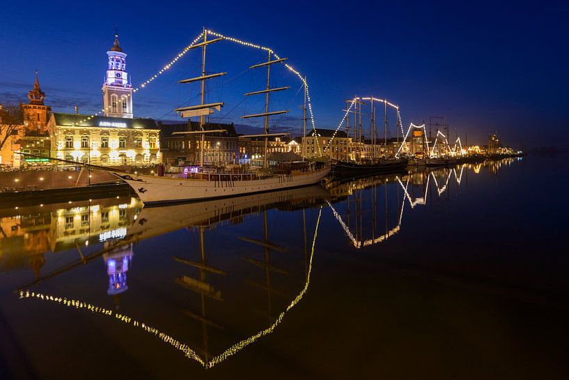 Kampen skyline evening view at the river IJssel with the classic sailing ships by Sjoerd van der Wal Photography
