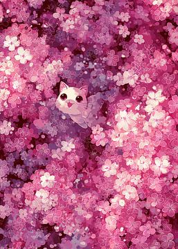 Speelse kat in een zee van roze bloemen