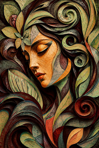 Mysterious Woman in Botanical Relief – Surrealist Portrait in Warm Earth Tones