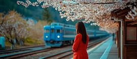 Woman waiting at the railway station near cherry blossoms by Poster Art Shop