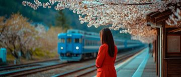 Vrouw wachtend op het station bij kersenbloesems van Poster Art Shop