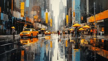 Winkelstraat met gele taxi in New York City, abstract schilderij van Animaflora PicsStock