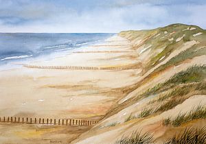 Nederlands Noordzee strand met paalhoofden en duinen - Aquarel door Hans sturris
