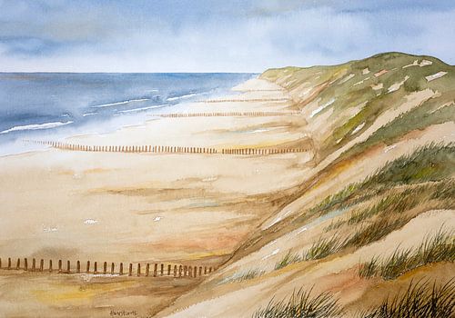 Dutch North Sea beach with pile heads and dunes - Watercolor by Hans sturris