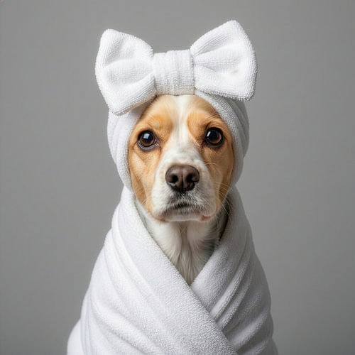A cute portrait of a Jack Russell Terrier in a bathrobe