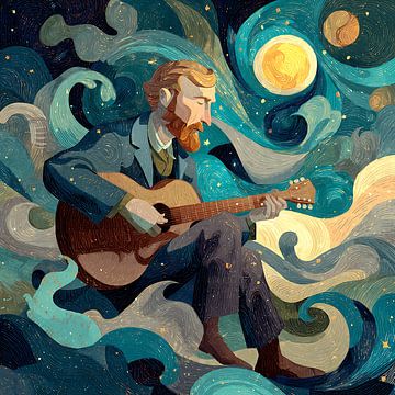 Verträumter Gitarrist unter dem Sternenhimmel von Aden Pink Studio