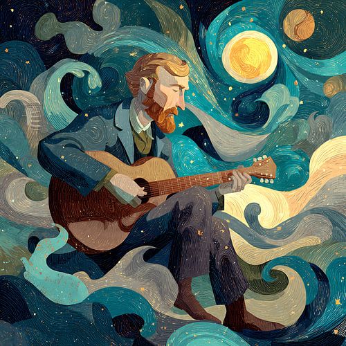 Dromerige gitarist onder een sterrenhemel