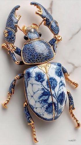 krab / kreeft / schorpioen in delfts blauw en goud op een wit marmeren achtergrond
