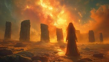 Celtic woman at the portal of ancient stones under a starry glow by artefacti