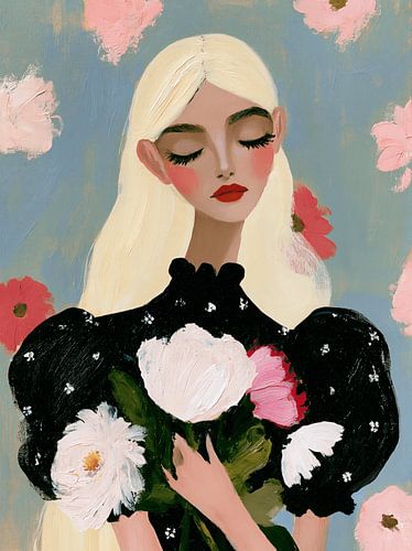 Das Mädchen mit den Blumen, modernes Porträt von Studio Allee