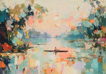 Man in a canoe on a calm lake by Niklas Maximilian