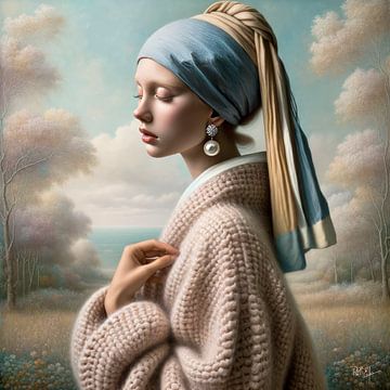 Modern girl with the pearl "silent reflection " Johannes Vermeer by René van den Berg