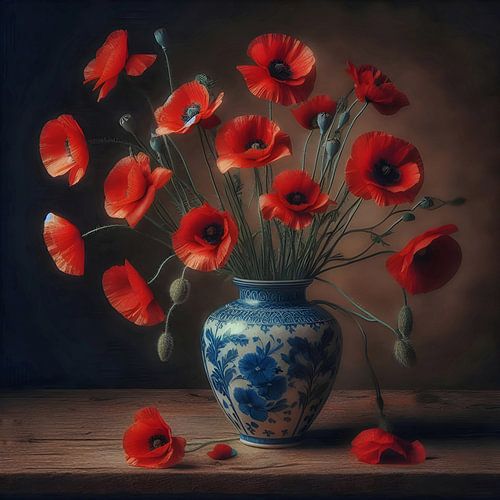 Still life red poppies in vase