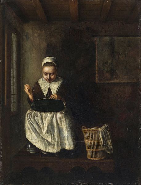 A Girl Sewing, Nicolaes Maes by Masterful Masters
