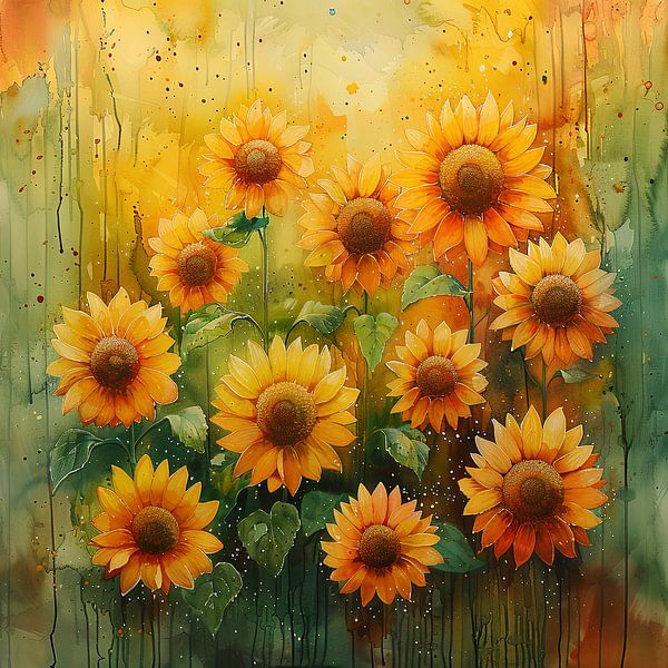 Bright sunflowers on an abstract background by Poster Art Shop