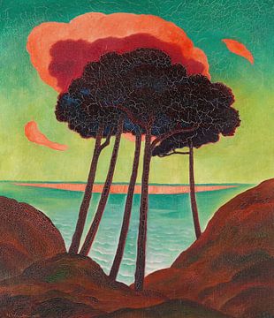 Dennenbomen met rode wolk, Gustav Wunderwald