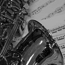 Als-sax op bladmuziek in zwartwit von Bianca Muntinga Miniaturansicht