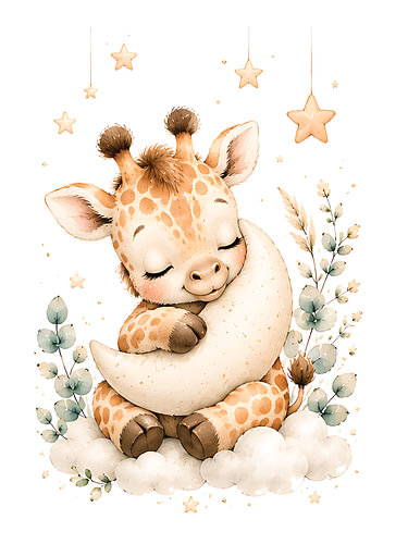 Sleeping Baby Giraffe on Crescent Moon Watercolor Nursery Art
