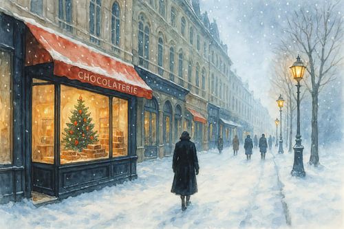 Kerstetalage (AI) (Frankrijk, winter, sneeuw, feestdagen, kerstboom, kerstmis, gezellig, sfeervol, aquarel schilderij, decembermaand, Chocolaterie )