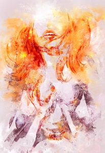 Erotisches Spiel der Liebe | Erotik in einem verspielten Aquarell mit Rot, Orange und Aubergine