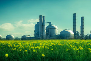 Biogasanlage hinter einem Rapsfeld Illustration