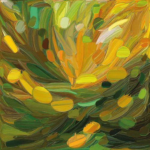 Abstract artwork in olive green, yellow and orange