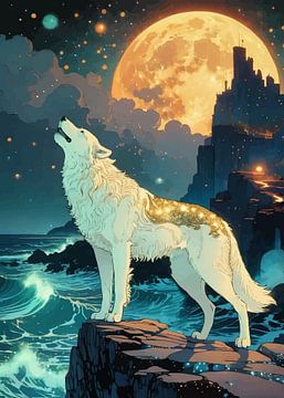 Wolf Howling at Moonlit Castle by MIROKKU
