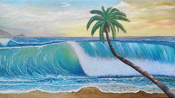 Doorschijnende golf en kromme palm op de Maagdeneilanden van de Grote Antillen van Markus Bleichner
