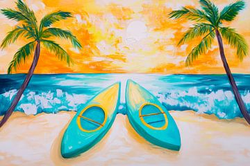 Sunset on the beach with canoes by Poster Art Shop