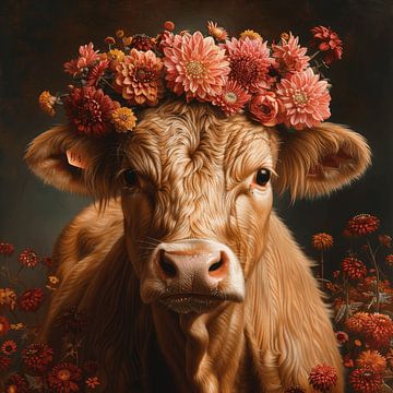 Blumengekröntes Rind - Charmantes Porträt für ein ländliches Ambiente von Felix Brönnimann