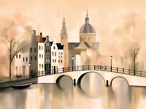 Pont d'Amsterdam avec des maisons au bord des canaux et des clochers