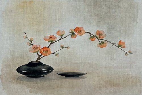 Japandi stilleven: Vaas met elegante Bloesemtak