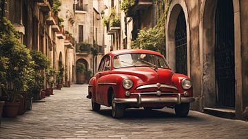 Rode oude auto in een Italiaanse straat, Art Desig van Animaflora PicsStock