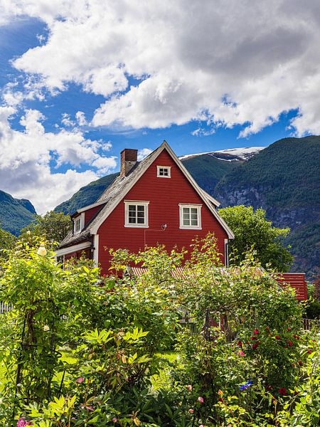 Rotes Holzhaus in Aurland in Norwegen von Rico Ködder