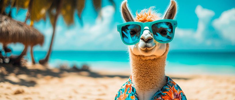 Llama relaxing on the beach with sunglasses by Poster Art Shop