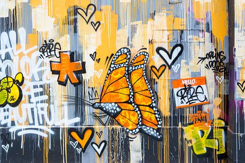 Kleurrijke graffiti met vlinder en hartjes