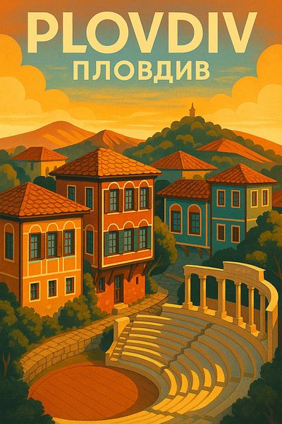 Vieille ville de Plovdiv &amp;amp ; Théâtre romain - Affiche culturelle Art déco par Travel Shop
