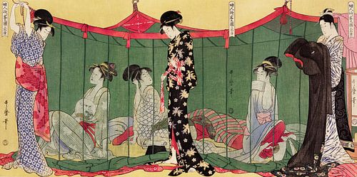 Japanse vrouwen in een klamboetent die hun borsten ontbloten. Ukiyo-e