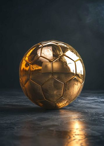 Golden soccer ball award on dark reflective surface