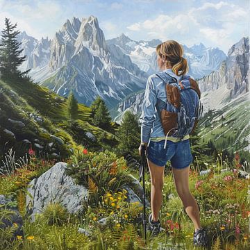 wandelen bergen rugzak vrouw bloem weide alpen van gm_designs